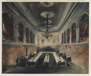 29092 Afbeelding van de grote zaal van het Gebouw voor Kunsten en Wetenschappen, ingericht voor het diner aangeboden ...